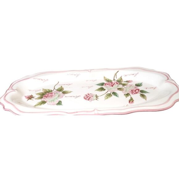 Seymour Mann Hand Painted Love Floral Rose Pink Edge Serving Tray Appx 17.5 x 8. - Picture 4 of 14
